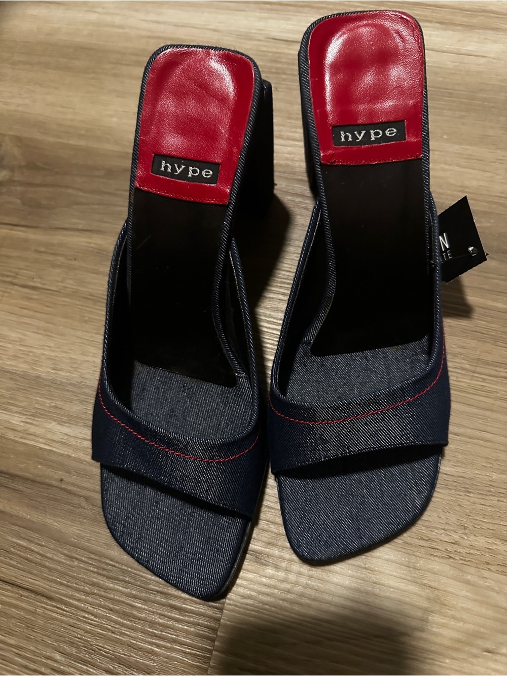 Hype Navy Denim Mules with Red Inset